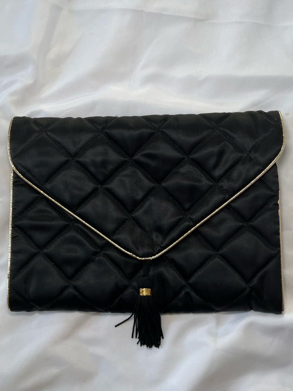 Vintage Anne Klein Black Quilted Puffer Makeup Accessories Bag with Gold Trim